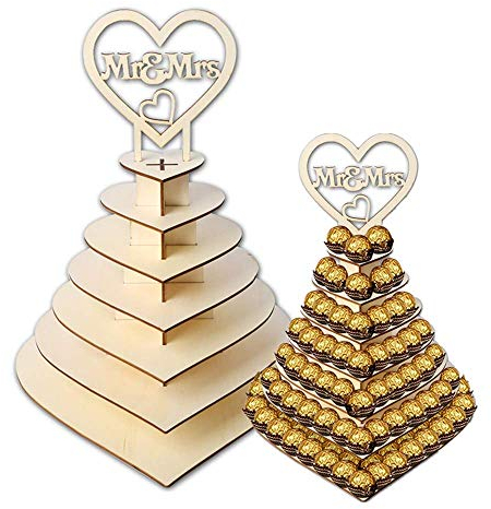 7 Tier Wooden Chocolate Display Stand Tower, PersonalisedMr & Mrs Heart Shape Dessert Candy 3D Holder, Wedding Display Stand Rack, Wedding Decoration Supplier Party Centrepiece