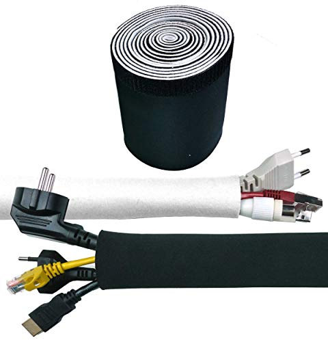 Neopren Kabelschlauch Weiß-Schwarz, 3 Meter x 135 mm, Kabel Management für Schreibtisch, innovatives Klettverschluss und Einstellbarer Durchmesser | Babyleicht Kabel verstecken