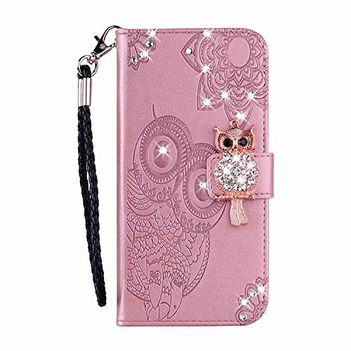 Reevermap Samsung Galaxy S21 FE Hülle Klapphülle, Samsung S21 FE 5G Handyhülle Flip Case Kredit Karten Fach Geldklammer Leder Tasche Glitzer Bling Eule Schale Schutzhülle, Roségold