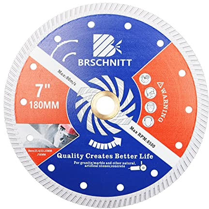 BRSCHNITT Diamond Disc for Concrete Masonry,180mm with Arbor 25.4mm-22.23mm-16mm Dry/Wet Continuous Rim Diamond Cutting Disc for Granite Marble Stone Hard Concrete Reinforced Concrete