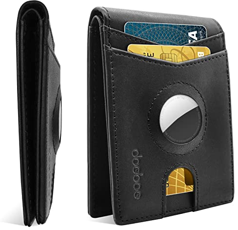 doeboe Airtag – Portefeuille pour homme avec support Airtag, portefeuille en cuir véritable pour cartes de crédit, portefeuille fin à deux volets pour traceur GPS Air Tag, cuir véritable noir, vintage