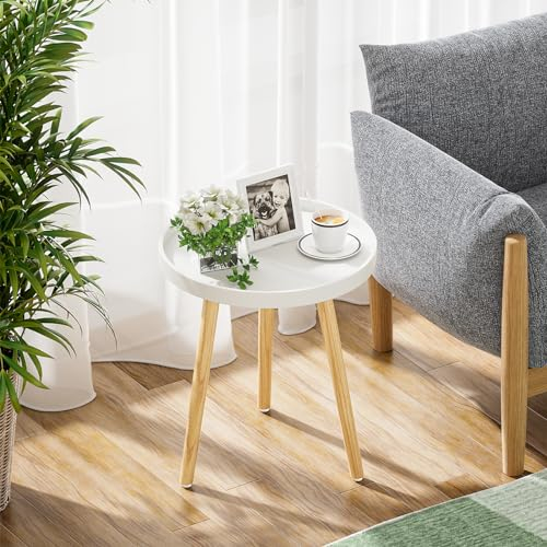 APICIZON Side Table White and Oak, Modern Coffee Tray End Table for Bedroom, Living room, Bedside Table Nightstand for Small Space, 45 x 38cm