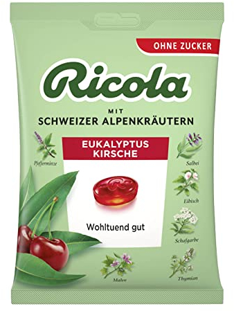 Ricola Bolsa de 75 g de eucalipto cereza, caramelos de hierbas suizas originales con 13 hierbas alpinas y cereza afrutada fresca, sin azúcar, 1 x 75 g, vegano