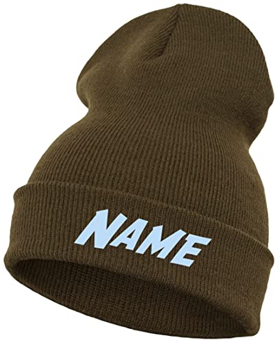 Schnoschi Olivgrüne Strickmütze mit breitem Umschlag (Beanie Mütze) mit Namen Bestickt für Herren, Damen, Jugendliche und Kinder