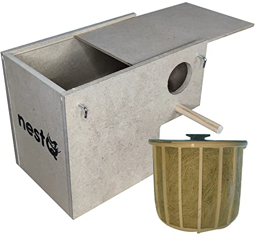 Gould Nest aus Holz für Exotiker, Diamanten, 20 cm (L) x 13 cm (B) x 13 cm (Basis) x 16 cm (H), mit Schälchen und Füllmaterial aus Ziegenhaar, Mandarine, Lätzchen, dreifarbig, Isabelit aus Japan