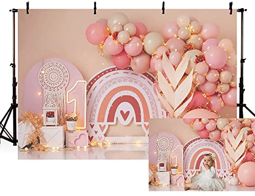 MEHOFOND 2,1x1,5 m rosa Mädchen 1. Geburtstag Fotografie Hintergrund Bohemia Thema Luftballons Regenbogen Kind Porträt Fotostudio Requisiten Boho Party Dekoration Kuchen Smash Hintergrund Banner