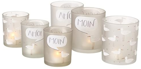 6 STK Windlichter Möwe AHOI Moin Moin Glas Kerzenhalter 6er Set n464 matt Weiss Maritime Deko Teelichthalter Geschenkset Nordsee Ostsee Strand Meer Vögel Möwen