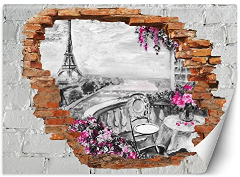 Feeby Papier Peint Intissé 3D Trou dans le mur Ville 350x245 cm rose Moderne Décoration Murale Tableaux Muraux Déco Tapisserie pour Salon Chambre à coucher Bureau Paris Seine Tour Eiffel