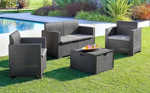 Dmora - Loungeset für draußen Venere, Outdoor-Lounge mit Couchtisch, Terrassenset mit Kissen, Gartenkomposition mit Sofa und Sesseln, Made in Italy, Anthrazit