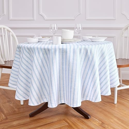 Solino Home Leinen Runde Tischdecke 70 Zoll,100% Reines Leinen Himmelblau und Weiß Tischdecke für Frühling, Sommer, Muttertag, Indoor, Outdoor,Capri Ticking Stripe, Handarbeit und Maschinenwaschbar