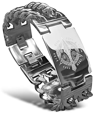 bahamut Mens Viking Odin Gungnir Mjolnir Stainless Steel Cool Cuban Chain Link Bracelet for Men,Norse Cuff Wristband Jewelry (Silver Gungnir Spear)