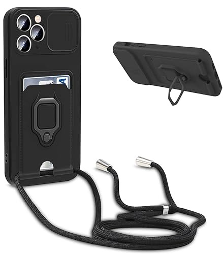 BGHHEU Handykette Schutzhülle kompatibel mit iPhone 11 Pro Max Handyhülle mit Band,Schiebe Kameraschutz,360 Grad Ringhalter Stand,Kartenfach,Verstellbarer Halskette Silikon hülle - Schwarz