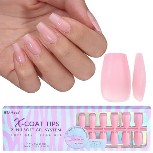 BTArtbox Ballerina Nageltips Kurz Full Cover Soft Gel Nail Tips Short Press on Nails, PRE-DESIGNED XCOATTIPS Pink Short Künstliche Fingernägel für Nail Extensions