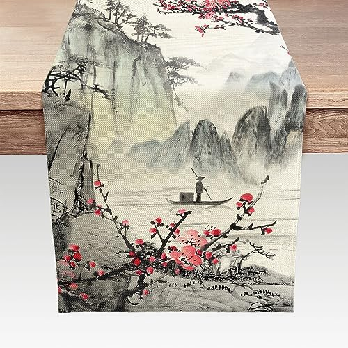Japanischer Tischläufer, Kirschblüte, asiatische Anime-Naturlandschaft, ästhetischer Küchen-Esstisch, Läufer für drinnen und draußen, Zuhause, Party, Urlaub, Dekoration, 33 x 183 cm