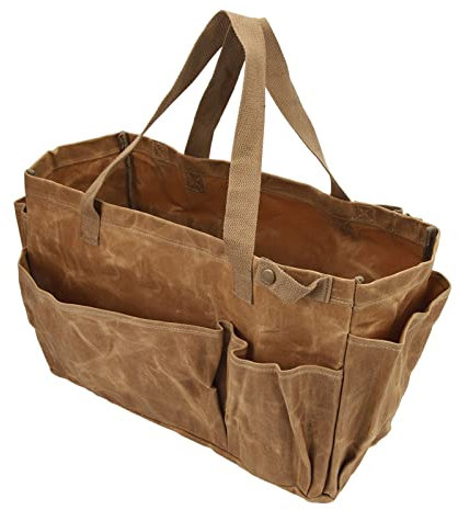 Fockety Garden Tool Bag, Canvas Tool Bag Large Waterproof Garden Tool Organizer Gardening Tote Bag Organizer Tool Storage Bag with Comfortable Carry Handle for Camping (Khaki)