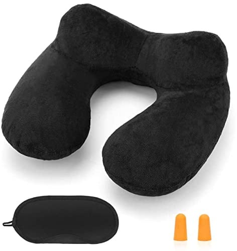 HITSZS Inflatable Travel Pillow for Airplane Inflatable Neck Pillow for Traveling with Soft Velvet Washable Cover for Sleeping, Airplane,Train, Car, Office, Contoured Eye Masks, Earplugs