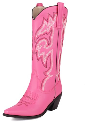 Roimaash Donna Embroidered Stivali Western Knee High Stivali Cowboy Wide Calf Block Heel Sewing Cowgirl Metà Stivaletti Cherry-Red Size 39
