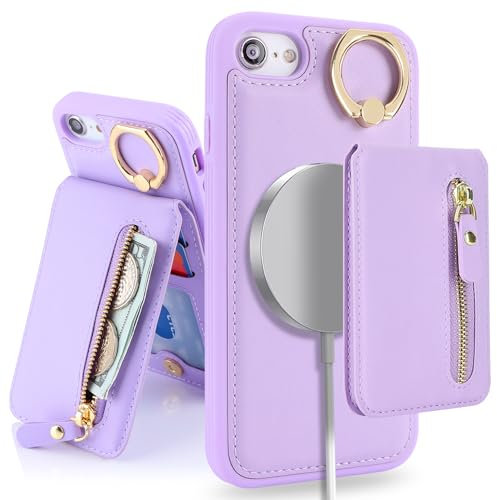 SailorTech iPhone 7/8/SE2/SE3 Case with Card Holder, Cover with Ring Stand Kickstand Card Slots Wallet Detachable 2-in-1 Zipper Case - Purple