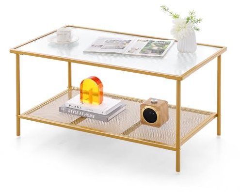 COSTWAY Table Basse Rectangulaire, Table Basse Verre avec Étagère en Maille, Cadre en Métal Doré, Design Moderne, Table Salon, Assemblage Facile, 90 x 50 x 46 cm