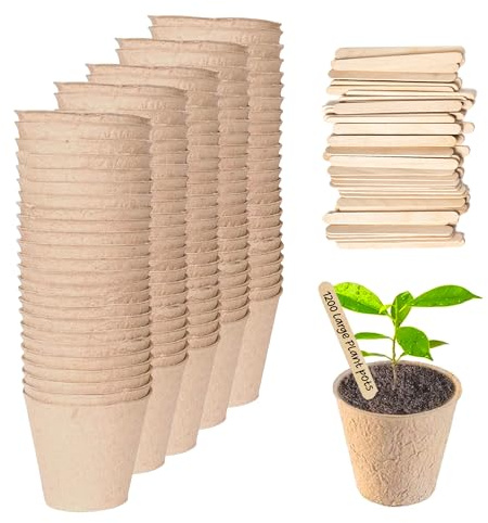 Green Thumbz Plant Pots - 1,200 Pack (8cm) Fibre Pots for Seedlings with Wooden Labels for Easy Transplanting - Large Plant Pots for Seedlings, Vegetables, Flowers and Herbs