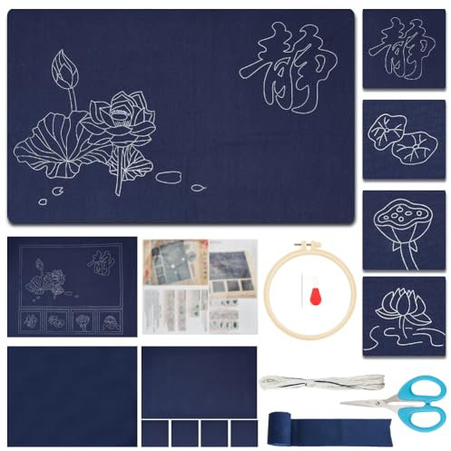 WEBEEDY 5 ensemble Sashiko Kit Bricolage Thème Lotus Chinois Thé Ensemble de Dessous de Verre Grand Tapis à Thé 1 pièce, 4 pièces, Dessous de Verre Brodé avec Aiguilles à Coudre, Cadeau pour Débutant