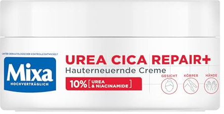 Mixa Hochkonzentrierte Feuchtigkeitspflege für Gesicht, Körper und Hände, Bei trockener und rissiger Haut, Mit Urea und Niacinamiden, Urea Cica Repair+, 150 ml