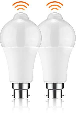 SuerZaro Motion Sensor Light Bulb, B22 Bayonet Motion Sensor Bulb, Energy Saving LED Lightbulbs, 12W 1020LM, 6000K Cool White, IP42 Waterproof, Non Dimmable, 2 Pack