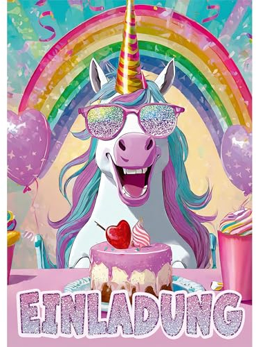 Moosthaler GLITZER Einhorn Einladungskarten Kindergeburtstag Mädchen (12 Stück) - Lustige Regenbogen Geburtstag Einladungen mit echtem Glitzerlack - Einhorn Deko Kindergeburtstag