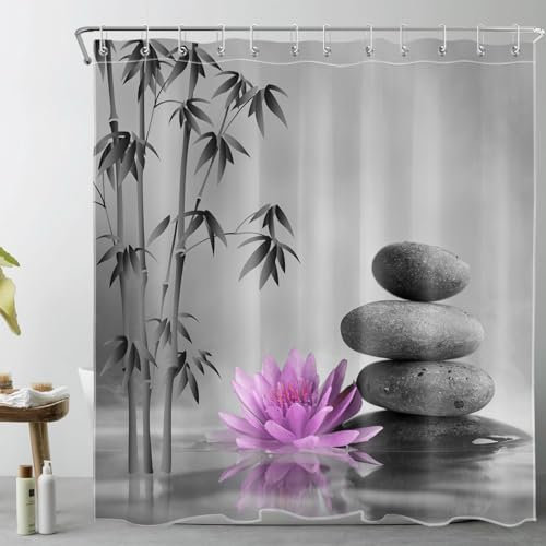 LB Zen-Bambus Duschvorhang 240x175cm(BxH) Lila Blume Graue Steine Antischimmel Wasserdicht Badezimmer Vorhänge, Japanisches Garten-Spa Extra Breit Polyester Stoff Bad Vorhang mit Haken