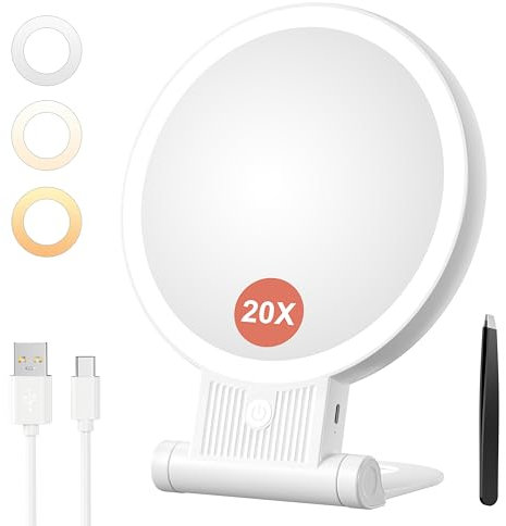 Auxmir Kosmetikspiegel mit Beleuchtung, 20X/1X Doppelseitig Schminkspiegel mit Licht, Dimmbar Tischspiegel, 3 Farblichter, 2000 mAh, Faltbar Vergrößerungsspiegel für Zuhause Reise Kosmetik