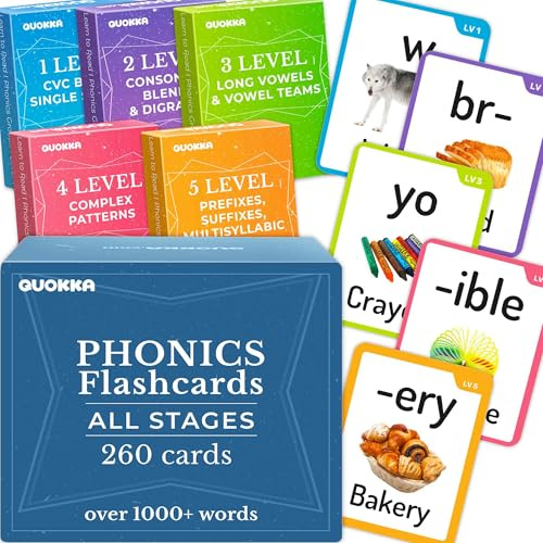 260 Phonics Flash Cards for Kids Ages 4-8 - Flashcards Ages 3-5 and 6-8 | 20 Reading Stages Card Game - Phonics Manipulatives and Alphabet Flash Cards with 1000+ Words for Complete Phonemic Awareness