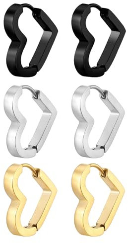 Flongo 3 Paar Herz Creolen Ohrringe: Edelstahl Klobig Klein Herzförmig Huggie Creolen Geometrische Ohrringe Hypoallergen Ohrstecker für Herren Damen Schwarz Gold Silber