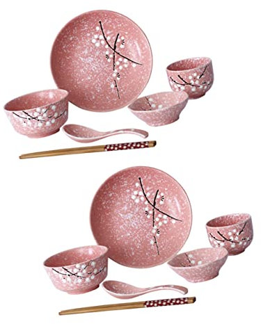 Hoement Set De Vaisselle Japonaise En Céramique Rose 12 Pièces Personne, Ensemble Kit De Couverts Service Complet Bols, Assiettes, Tasses, Cuillères Et Baguettes, Maison, Restaurant Et Café