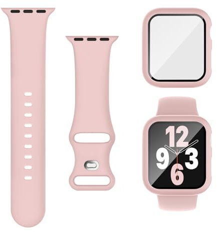 Joehwerr 3-in-1 Compatible for Apple Watch Straps 46mm with Case & Screen Protector, Silicone Sport Strap and Protective Cover with 9H Tempered Glass for iWatch Series 11/10, Pink