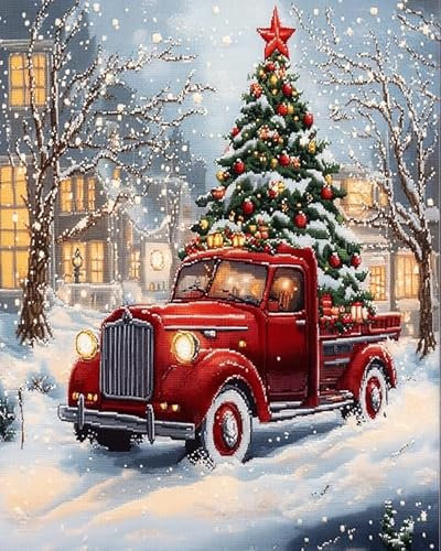 AxiangziK Weihnachten Kreuzstich set Erwachsene,Weihnachtsbaum und LKW,DIY Vorgedruckt Stickbilder Stickset Handwerk Starter-Set für Wandkunst-Heimdekoration,40x50cm