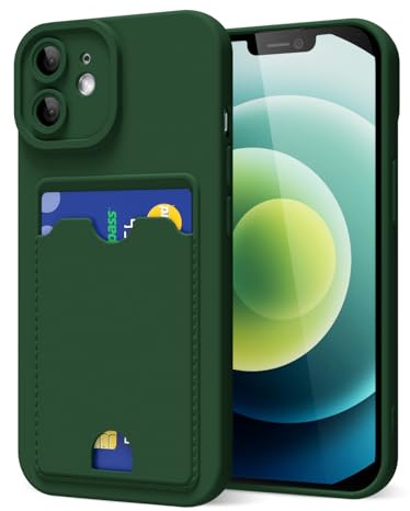 oakxco for iPhone 12 Case with Card Holder, Cute Silicone Wallet Phone Case with Credit Card Slot, Soft Rubber Thin Slim Purse for Women Men with Shockproof Camera Cover Protection, Dark Green
