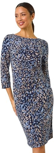 Roman Originals Ruched Waist Dress for Women UK - Ladies Twist Knot Waisted Wrap Stretch Jersey Knee Length Business Smart Work Office Formal Evening Drape - Blue Multi - Size 20