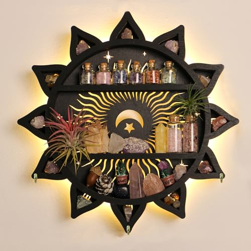Chakra Lotus Flower Crystal Display Shelf with LED Light, Witchy Home Decor Boho Decorative Wall Mounted Jewelry Shelf Wooden Sun Moon Shelf Rock Case Stone Storage Floating Hanging Holder