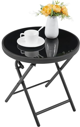Yaheetech Outdoor Folding Side Table, Round Patio Folding End Table with Silk Tempered Glass Tabletop, Portable Small Garden Bistro Table for Balcony Porch Deck, Black