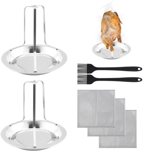 2 Stück Hähnchenhalter Grill Set, Hähnchenbräter Edelstahl mit 2 STK Ölpinsel und 3 Reinigungstüchern, Vertikal Hähnchen Ständer, Herausnehmbare Hähnchen Grill für Camping, Grillen, Abendessen