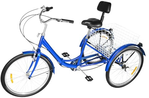 SYNCMH Dreirad für Erwachsene, 24 Zoll 3 Rad Fahrrad mit Korb, Rückenlehne, Zusammenklappbar, Einstellbare Höhe, 7 Gänge Tricycle für Fahrten, Picknicks, Einkäufe, Blau