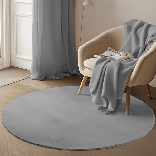 Carpetsale24 Kurzflor Teppich Wohnzimmer 200 cm Rund Silber - Runder Teppich Waschbar, rutschfest, Weich, modern einfarbig Design - für Schlafzimmer, Küche, Esszimmer