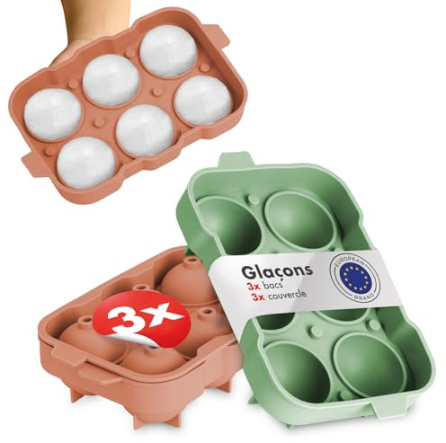 Blumtal Eiswürfelformen Silikon 3er Set - 6er Eiswürfelform mit Deckel - BPA-freie Silikon Eiskugelform -Silikonform Eiswürfel rund - Ice Ball Maker - Olivgrün + Olivgrün + Mineral Rot