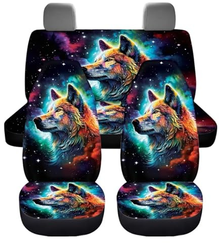 Wnbucioht Galaxie Nacht Wolf Autositzbezug-Set (4-teilig) -Tierdesign Autositzbezug für Männer und Frauen Sitzbezügesets Wolf Sitz Schutz Rutschfrei Fahrzeug Eimer Sitz Kissen Pads,Universell Fit