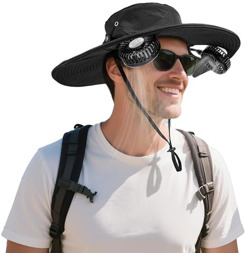 Amacool 2-in-1 Hands-Free Hat Fan with Detachable Neck Fan, UPF 50+ Wide Brim Sun Hat, 3-Speed Adjustable, 2600mAh Rechargeable for Outdoor Fishing Camping Beach Travel-Black