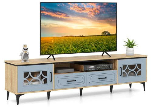 COSTWAY TV Schrank Bambus, Lowboard für Fernseher bis zu 80 Zoll, Fernsehschrank mit 2 Schubladen & 2 Türen & Fach, Fernsehtisch mit Metallbeinen, Fernsehschrank für Wohnzimmer (Blau)
