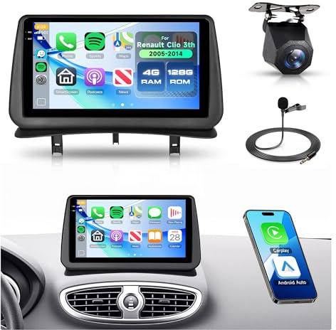 Rimoody 4G+128G Radio Coche Android para Renault Clio 3th 2005-2014 Carplay Android Auto Wireless 9 Clio Pantalla IN-Cell con Navi GPS Bluetooth WiFi FM/RDS/EQ Controles del Volante Cámara Trasera