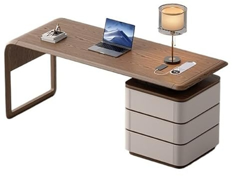 ZENGXJYCQINGJIANG Gaming Desk Home Office Desk with Storage and Charging Outlets, Modern Writing Workstation with Cabinet, Walnut(Beige,M)