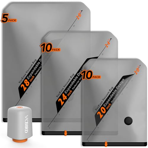 Vacbird Vakuumbeutel für Kleidung mit Kabellose Vakuumpumpe, 25 Stück (10x 40x54cm, 10x 47x64cm, 5x 54x74cm), Platzsparend Vakuumierbeutel für Kleidung – Speziell für Reisen und Kofferorganisation
