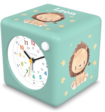 Personalisierter Kinderwecker mit Namen und Motiven I Lautloser analoger Wecker mit Nachtlicht ohne Ticken I Lernuhr für Kinder, batteriebetrieben für Schule, Kindergarten und Nachttisch